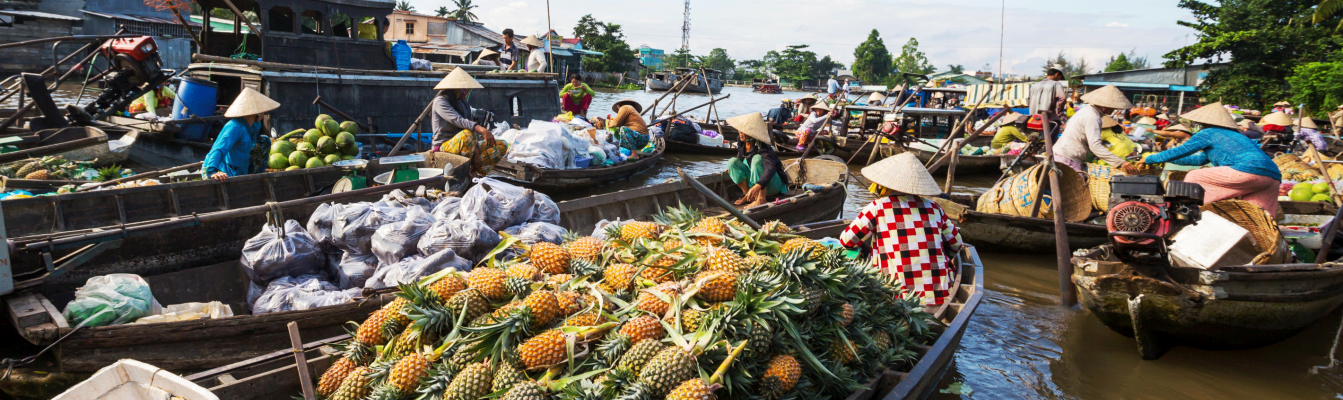 Geschäftiger Handel auf dem schwimmenden Markt im Mekong-Delta